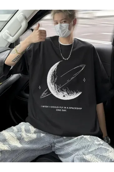 Baskılı Oversize Bisiklet Yaka T-shirt - Siyah Baskılı Oversize Bisiklet Yaka T-shirt - Siyah