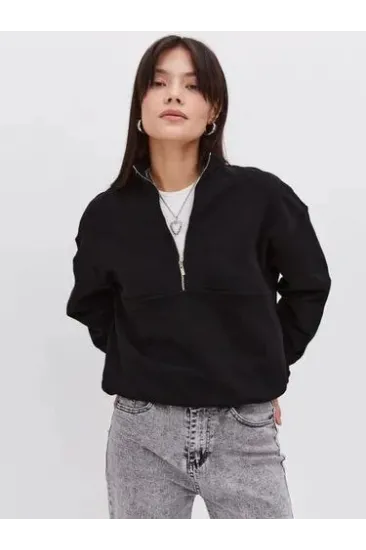 Oversize Yarım Farmuarlı Yakalı Basic SweatShirt - Siyah Oversize Yarım Farmuarlı Yakalı Basic SweatShirt - Siyah