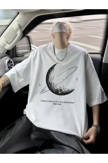 Baskılı Oversize Bisiklet Yaka T-shirt - Beyaz Baskılı Oversize Bisiklet Yaka T-shirt - Beyaz