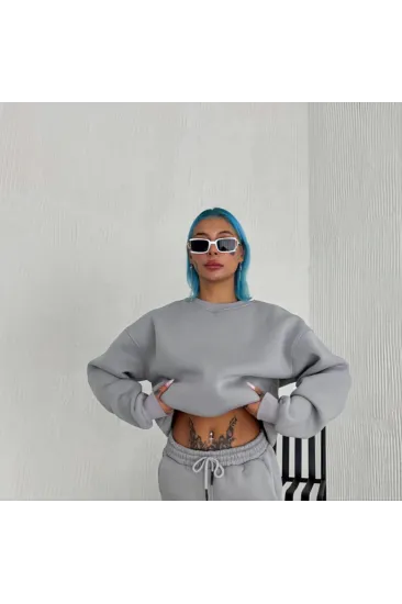 Kışlık Bisiklet Yaka Üç İplik Basic SweatShirt - Gri Kışlık Bisiklet Yaka Üç İplik Basic SweatShirt - Gri