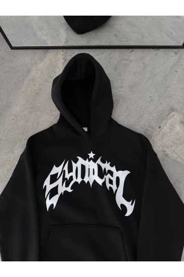 Üç İplik Kapşonlu Baskılı Oversize SweatShirt- Siyah Üç İplik Kapşonlu Baskılı Oversize SweatShirt- Siyah