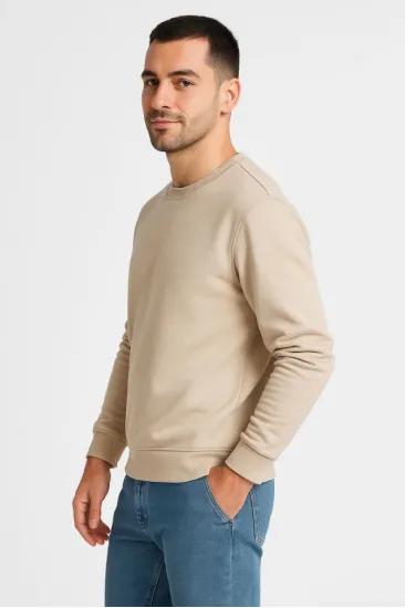 Erkek Üç İplik Düz Bisiklet Yaka SweatShirt - Bej Erkek Üç İplik Düz Bisiklet Yaka SweatShirt - Bej