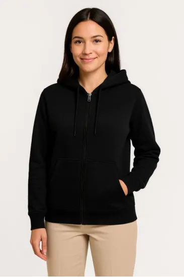 Üç İplik Kapüşonlu Tam Fermuarlı Kanguru Çepli SweatShirt Hoodie - Siyah Üç İplik Kapüşonlu Tam Fermuarlı Kanguru Çepli SweatShirt Hoodie - Siyah