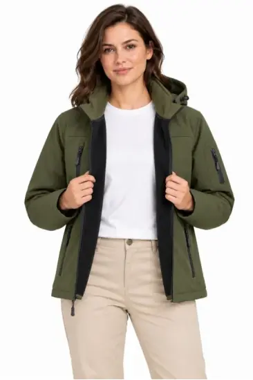 Su Geçirmez Softshell İçi Polar Astarlı Çıkarılabilir Kapüşonlu 4 Cepli Mont Ceket - Haki