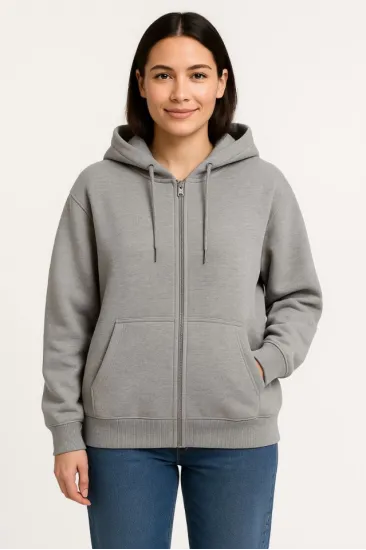 Üç İplik Kapüşonlu Tam Fermuarlı Kanguru Çepli SweatShirt Hoodie - Gri Üç İplik Kapüşonlu Tam Fermuarlı Kanguru Çepli SweatShirt Hoodie - Gri