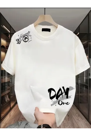 Baskılı Oversize Bisiklet Yaka T-shirt - Beyaz Baskılı Oversize Bisiklet Yaka T-shirt - Beyaz