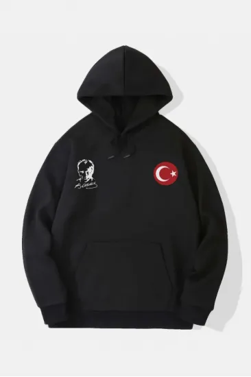 10 Kasıma Özel Üç İplik Kapşonlu Baskılı SweatShirt - Siyah 10 Kasıma Özel Üç İplik Kapşonlu Baskılı SweatShirt - Siyah