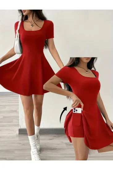 Kadın Kısa Kollu Kare Yaka Short Detaylı Cepli Dalgıç Elbise Kadın Kısa Kollu Kare Yaka Short Detaylı Cepli Dalgıç Elbise