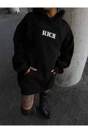 Uzun Kol Kapşonlu Göğüs Baskılı SweatShirt - Siyah Uzun Kol Kapşonlu Göğüs Baskılı SweatShirt - Siyah