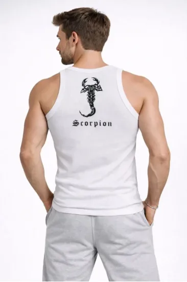 Erkek Fitilli Atlet Sıfır Yaka Slim Fit Arka Baskılı Spor Atlet - Beyaz Erkek Fitilli Atlet Sıfır Yaka Slim Fit Arka Baskılı Spor Atlet - Beyaz