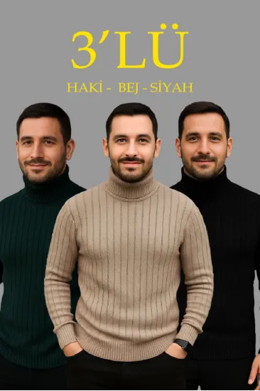 Erkek Fitilli Triko Kazak 3lÜ Set Bej Haki Siyah Regular Balıkcı Yaka Tam Boğazlı Triko Seti Modeli Kazak