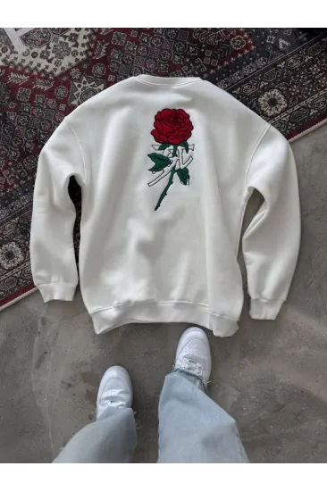 Unisex Bisiklet Yaka Ön Ve Arka Baskılı SweatShirt - Beyaz