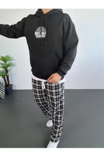 Erkek Sırt Baskılı Kapüşonlu Üç İplik Oversize Sweatshirt - Siyah