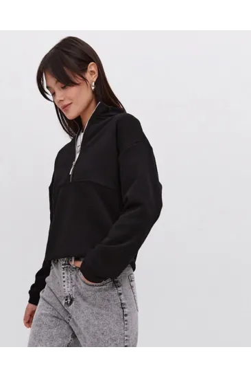 Oversize Yarım Farmuarlı Yakalı Basic SweatShirt - Siyah Oversize Yarım Farmuarlı Yakalı Basic SweatShirt - Siyah