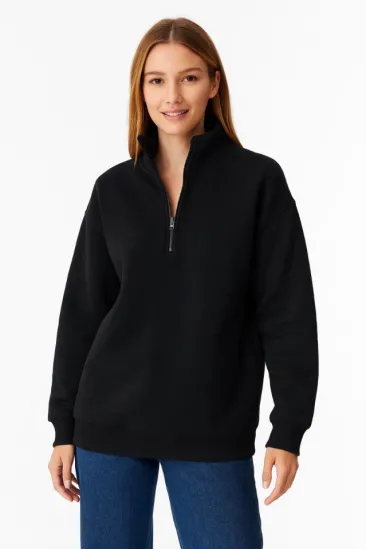 Üç İplik Dık Yaka Yarım Fermuarlı SweatShirt - Siyah Üç İplik Dık Yaka Yarım Fermuarlı SweatShirt - Siyah