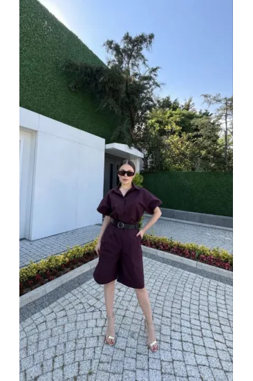 Yakalı Gömlek Kemerli Şortlu Takım - Bordo