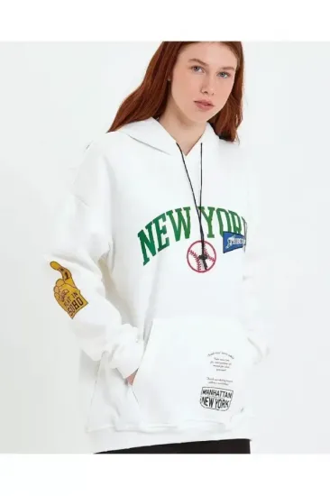 Baskılı Kapüşonlu Sweatshirt - Beyaz Baskılı Kapüşonlu Sweatshirt - Beyaz