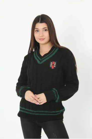V Yaka Örgülü Kazak - Siyah V Yaka Örgülü Kazak - Siyah