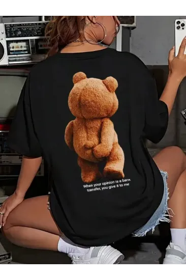 Baskılı Oversize Bisiklet Yaka T-shirt - Siyah