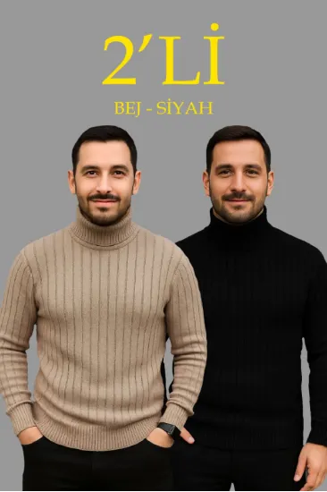 Erkek Fitilli Triko Kazak 2li Set Bej Siyah Regular Balıkcı Yaka Tam Boğazlı Triko Seti Modeli Kazak