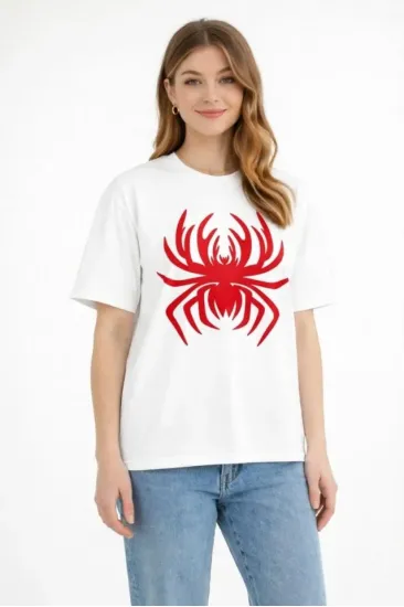 Örümcek Baskılı Tişört Kısa Kollu Bisiklet Yaka T-Shirt - Beyaz Örümcek Baskılı Tişört Kısa Kollu Bisiklet Yaka T-Shirt - Beyaz