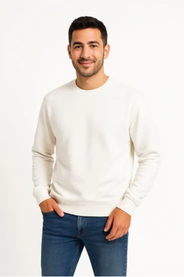 Erkek Üç İplik Düz Bisiklet Yaka SweatShirt - Beyaz Erkek Üç İplik Düz Bisiklet Yaka SweatShirt - Beyaz