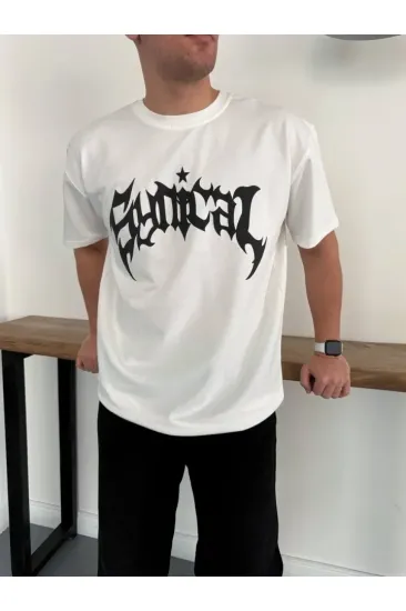 Erkek Bisiklet Yaka Ön Baskılı Kısa Kollu Tişört Streetwear Günlük Basic Pamuklu T-shirt - Beyaz