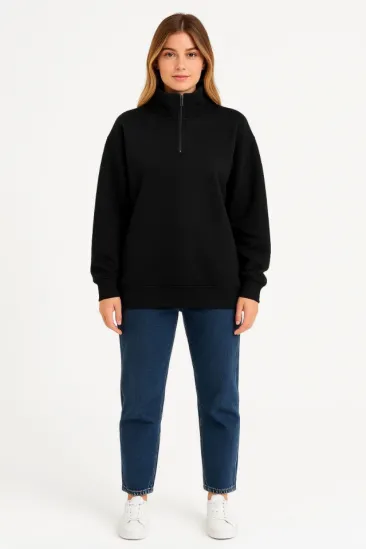 Üç İplik Dık Yaka Yarım Fermuarlı SweatShirt - Siyah Üç İplik Dık Yaka Yarım Fermuarlı SweatShirt - Siyah