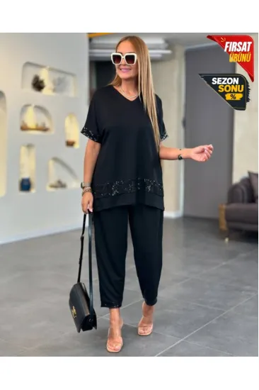 Kadın Kısa Kollu V Yakalı Pul Payetli Viskon Iki Iplik Bluz Ve Pantolon Ikili Takım