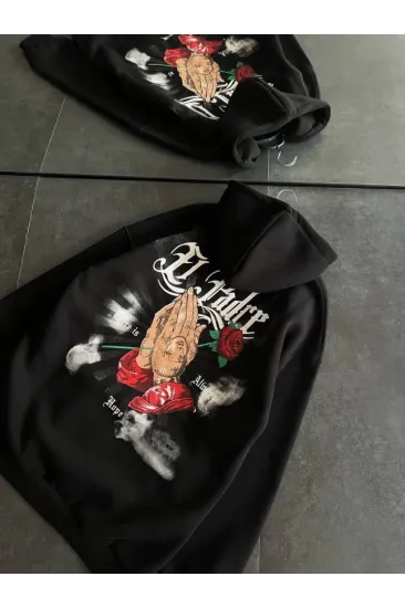 Üç İplik Penye Uzun Kol Kapşonlu Baskılı SweatShirt - Siyah Üç İplik Penye Uzun Kol Kapşonlu Baskılı SweatShirt - Siyah