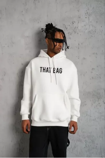 Erkek Kanguru Cep Baskılı Kapüşonlu Sweatshirt - Beyaz