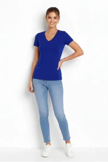 T-Shirt V Yaka Slim Fit Likralı Tişört Günlük Basic Body - İndigo