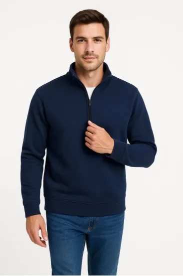 Erkek Dik Yaka Sweatshirt Dik Yaka Yarım Fermuarlı 3 İplik Şardonlu Pamuk Kumaş - Lacivert Erkek Dik Yaka Sweatshirt Dik Yaka Yarım Fermuarlı 3 İplik Şardonlu Pamuk Kumaş - Lacivert