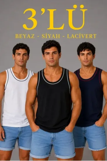Erkek 3’lü Kolsuz Sporcu Atlet Seti Yazlık Bisiklet Yakalı - Siyah, Lacivert, Beyaz Erkek 3’lü Kolsuz Sporcu Atlet Seti Yazlık Bisiklet Yakalı - Siyah, Lacivert, Beyaz