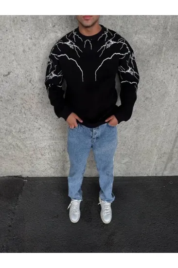 Yıldırım Baskılı Bisiklet Yaka SweatShirt - Siyah Yıldırım Baskılı Bisiklet Yaka SweatShirt - Siyah