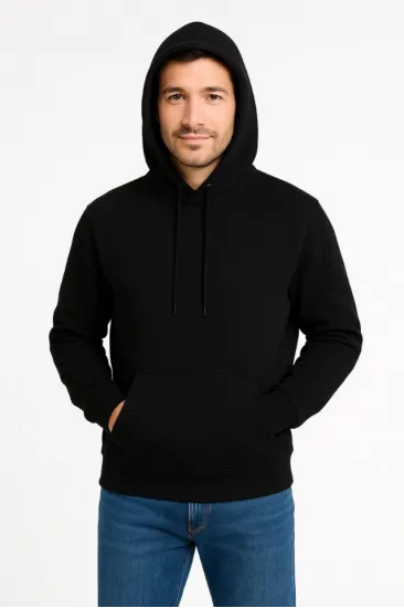 Erkek Üç İplik Kapüşonlu Kanguru Cepli SweatShirt Hoodie - Siyah Erkek Üç İplik Kapüşonlu Kanguru Cepli SweatShirt Hoodie - Siyah