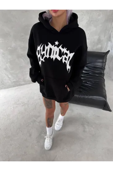 Unisex Üç İplik Kapşonlu Baskılı SweatShirt - Siyah Unisex Üç İplik Kapşonlu Baskılı SweatShirt - Siyah