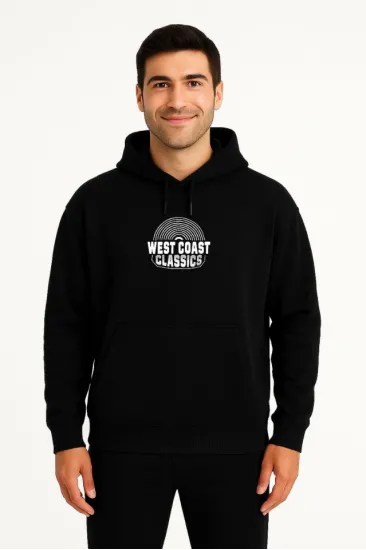 Erkek Üç İplik Kapüşonlu Ön Ve Arka Baskılı SweatShirt Hoodie - Siyah Erkek Üç İplik Kapüşonlu Ön Ve Arka Baskılı SweatShirt Hoodie - Siyah