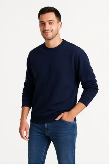 Erkek Üç İplik Düz Bisiklet Yaka SweatShirt - Lacivert Erkek Üç İplik Düz Bisiklet Yaka SweatShirt - Lacivert
