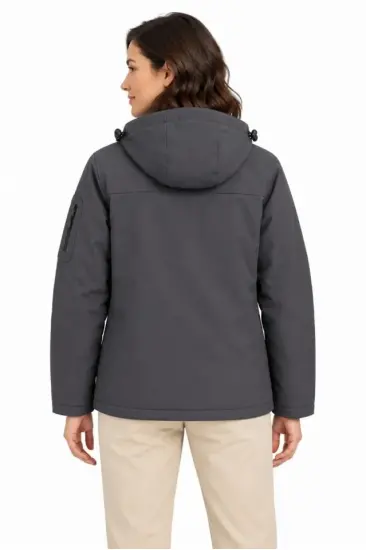 Su Geçirmez Softshell İçi Polar Astarlı Çıkarılabilir Kapüşonlu 4 Cepli Mont Ceket - Füme