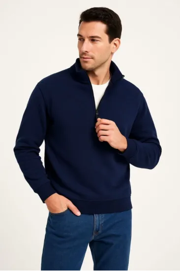 Erkek Dik Yaka Sweatshirt Dik Yaka Yarım Fermuarlı 3 İplik Şardonlu Pamuk Kumaş - Lacivert Erkek Dik Yaka Sweatshirt Dik Yaka Yarım Fermuarlı 3 İplik Şardonlu Pamuk Kumaş - Lacivert