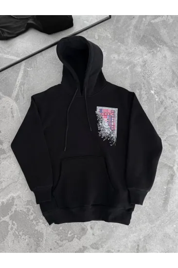Uzun Kol Kapşonlu Ön Ve Arka Baskılı SweatShirt - Siyah