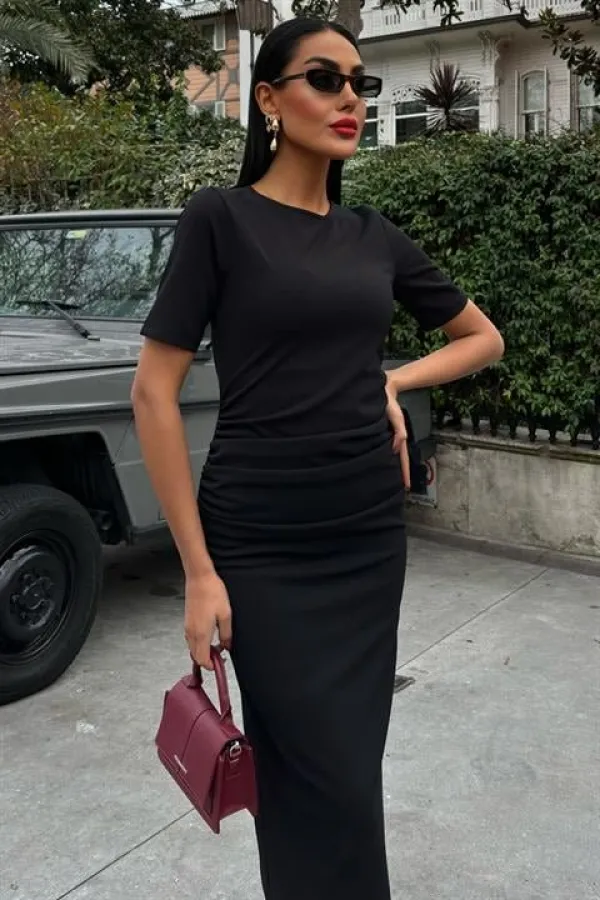 Beli Büzgülü Midi Elbise 2853 Beli Büzgülü Midi Elbise 2853