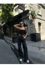 Kadın Arkadan Yırtmaçlı Jeans Kot Palazzo Pantolon - Siyah Kadın Arkadan Yırtmaçlı Jeans Kot Palazzo Pantolon - Siyah