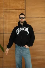 Erkek Kapüşonlu 3 İplik Şardonlu Önü Baskılı Fermuarlı Oversize Sweatshirt - Siyah Erkek Kapüşonlu 3 İplik Şardonlu Önü Baskılı Fermuarlı Oversize Sweatshirt - Siyah