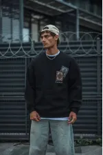 Erkek 3 iplik Pamuklu Bisiklet Yaka Baskılı SweatShirt - Siyah