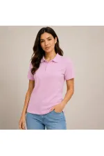 Kadın Polo Yaka Pike Kumaş Düğmeli Basic Tişört Günlük Rahat - Pembe Kadın Polo Yaka Pike Kumaş Düğmeli Basic Tişört Günlük Rahat - Pembe