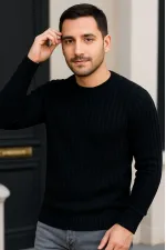 Erkek Fitilli Triko Kazak 2’li Set Siyah Gri Kalın Dokuma Pamuklu Regular Fit Bisiklet