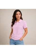 Kadın Polo Yaka Pike Kumaş Düğmeli Basic Tişört Günlük Rahat - Pembe Kadın Polo Yaka Pike Kumaş Düğmeli Basic Tişört Günlük Rahat - Pembe
