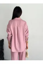 Kadın Gömlek Pantolon ikili Alt-Üst Takım - Toz Pembe Kadın Gömlek Pantolon ikili Alt-Üst Takım - Toz Pembe